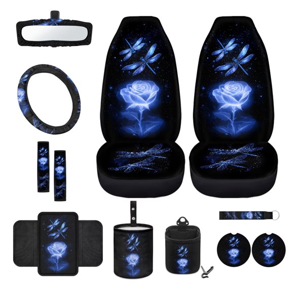 Xoenoiee Blue Rose Dragonfly Print Car Front Seat Covers 12Pcs Set with Steering Wheel &Seat Belt Cover Car Trash Can Armrest Cover Air Vent Bag Rear View Mirror Cover Cup Coasters Kychain