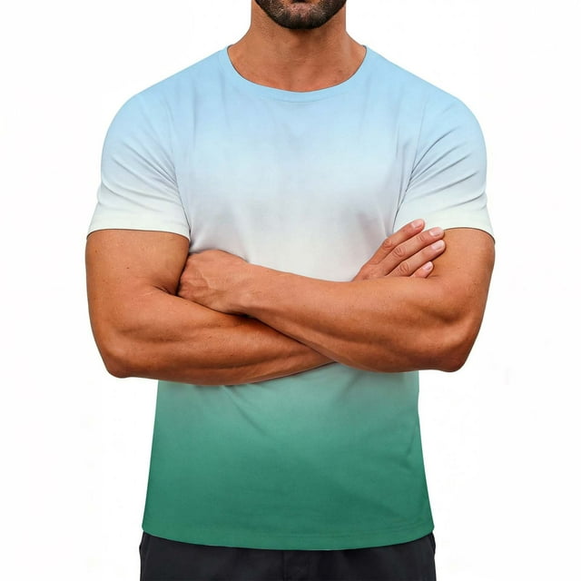 Ceisia Men's Slim Fit Blue-Green Gradient Print Crew Neck T-Shirts, Breathable Stretch Casual Sports Tops Gifts