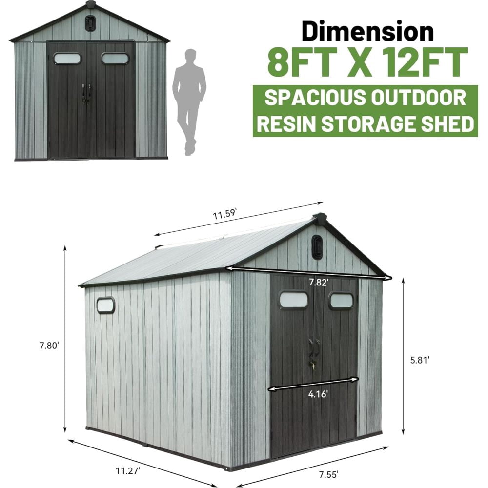 All-Weather Resin Tool Shed - 8x12FT Outdoor Storage with Windows & Reinforced Floor (UV-Resistant)