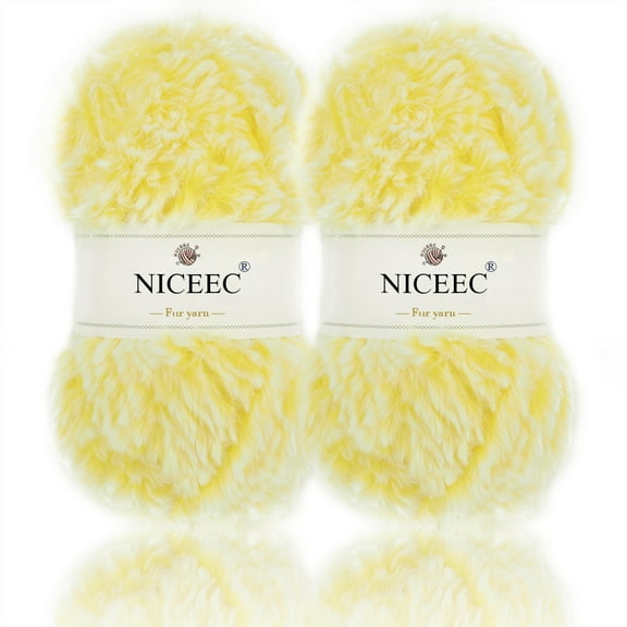 NICEEC 2 Skeins Super Soft Fur Yarn Chunky Fluffy Faux Fur Yarn Eyelash Yarn for Crochet Knit -Total Length 2×32m(2×35yds,50g×2)-Yellow