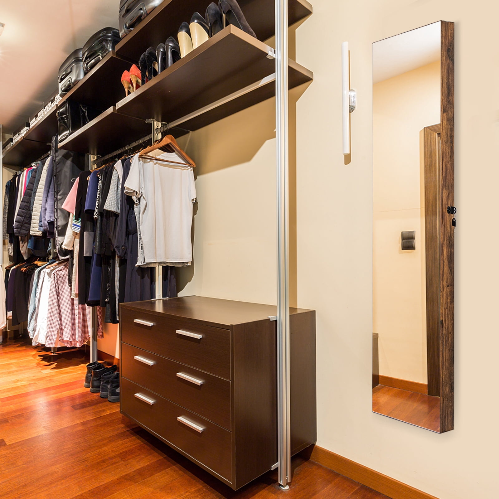 Patiojoy Lockable Wall Door Mounted Storage Organizer Mirrored Jewelry Cabinet w/ Lights Rustic Brown