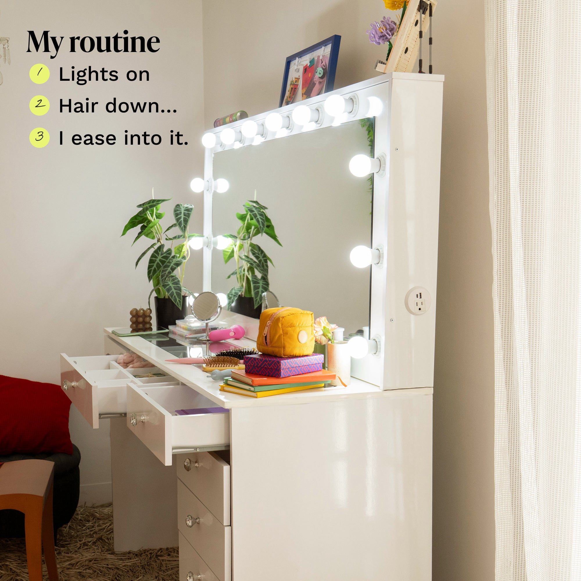 Boahaus Verona Large Vanity Desk with Mirror and Lights – 8 Drawer Makeup Vanity Table with Storage and Power Outlet