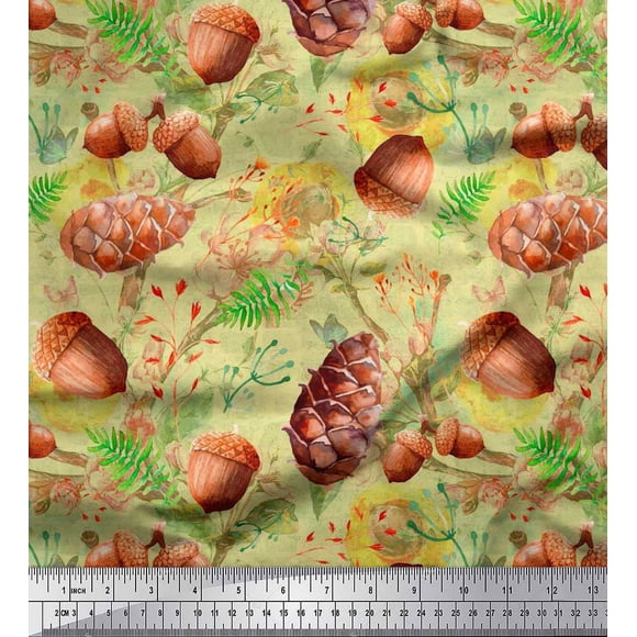 Soimoi Yellow Velvet Fabric Apricot,& Oaknut Fruits Print Fabric by Yard 58 Inch Wide