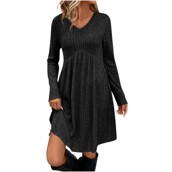 YUTK Long Sleeve Dress for Women Crew Neck Empire Waist Tunic Dress with Pockets Black L
