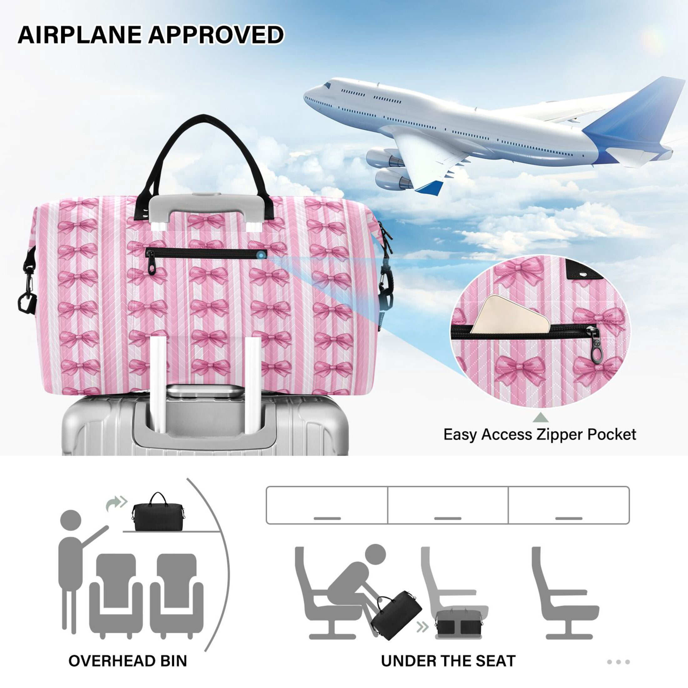 Travel Duffel Luggage Bag Sports Duffle Bag Gym Bag with Zipper Pink Bows