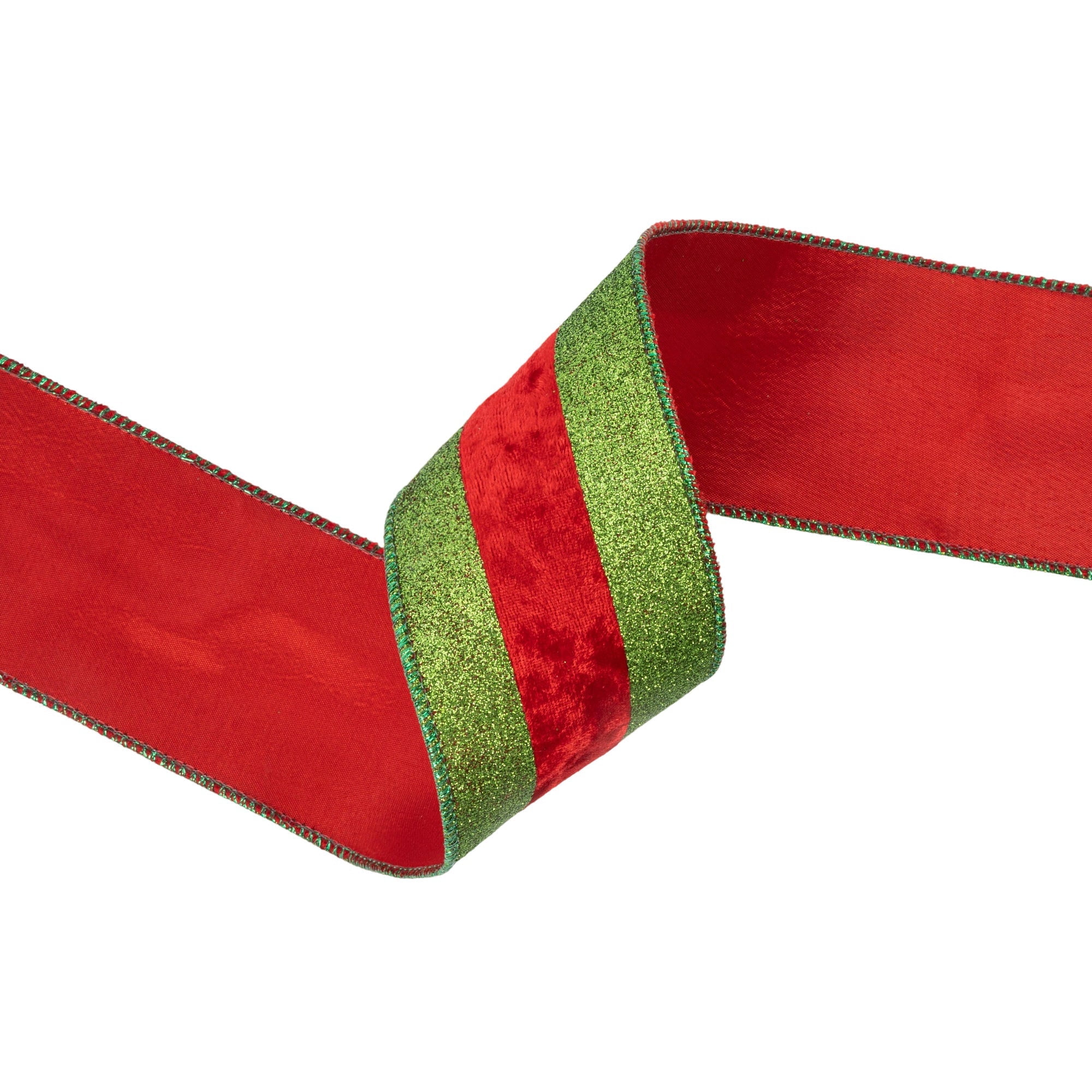 LaRibbons 2 1/2" Wired Ribbon, Green Glitter with Red Velvet Stripe, 10 Yard Roll