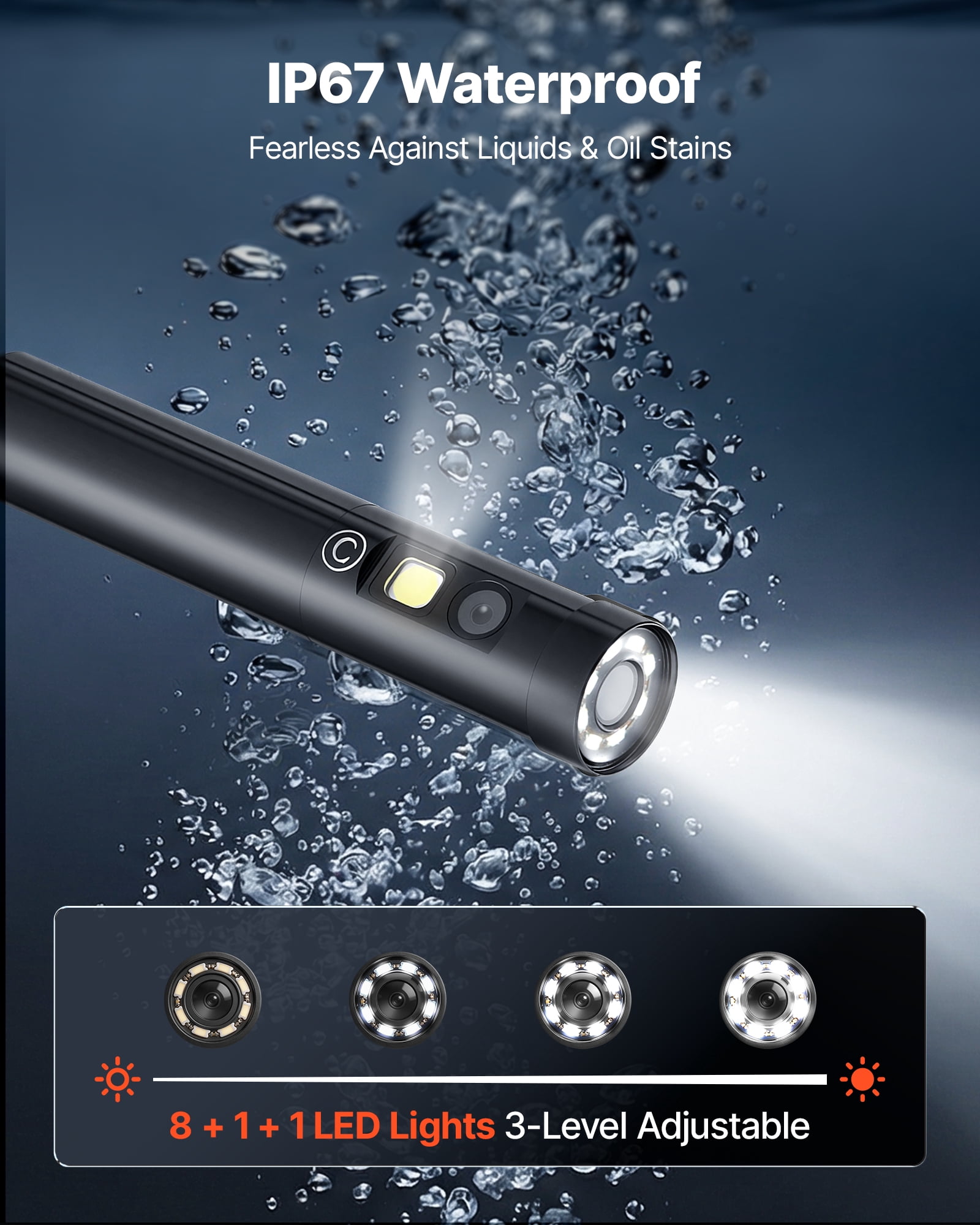 VEVOR Triple Lens Endoscope with Light, 5" HD IPS Screen Industrial Borescope Camera, 8 + 2 LED Lights, 8X Zoom, 5000mAh, IP67 Waterproof Inspection Snake Camera for Automotive, Plumbing(4.9FT Cable)
