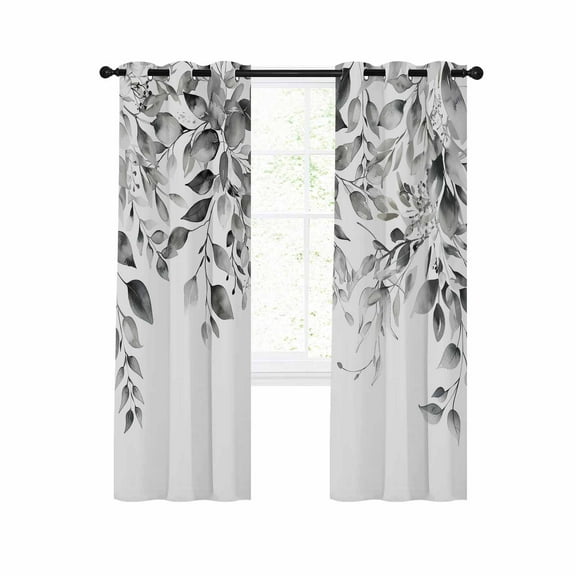 Grey Eucalyptus Leaves Blackout Curtains 63 Inches Long for Bedroom, Watercolor Weeping Botanical Thermal Insulated Room Darkening Black Out Window Curtain Panels Grommet Drapes for Living Room