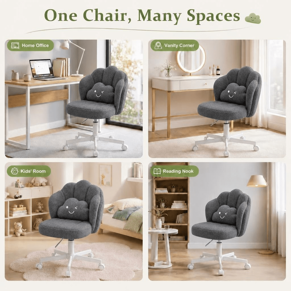 CloudRest Pro Vanity Desk Chair ,18.5" Extra Wide Seat Height Adjustable Furry Desk Chair with Cloud Pillow for Living Room & Bedroom,