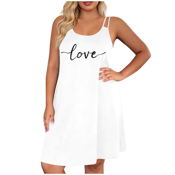 Fewfanhot Gowns for Women Sleepwear Love Print Thin Strap Sleeveless Nightgown, Long Loose Fit Sleep Dress, Cozy Casual Loungewear for Home