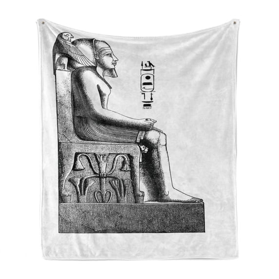 Egyptian Print Soft Flannel Fleece Throw Blanket, Antique Era Egypt Pharaoh King Pose with a Bird Hawk Sketch Image, Cozy Plush for Indoor and Outdoor Use, 50" x 70", Black and White, by Ambesonne