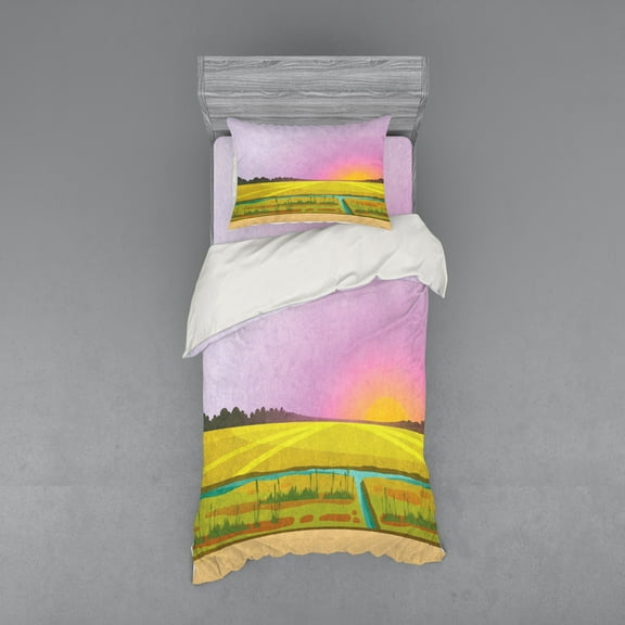 Colorful Duvet Cover Set, Sunset Scenery and Landscape with a Small River and Reeds Grunge Look Countryside, Bedding Set with Shams and Fitted Sheet, 3 Sizes, by Ambesonne