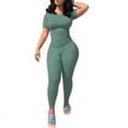thumbnail image 3 of Lounge Wear Ribbed Casual 2 Piece Summer Shorts Set For Women Sleeve Top+Elastic Leggings Outfits, 3 of 5