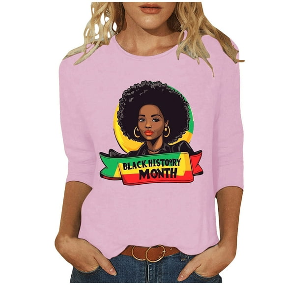 ZVAVZ Womens Tunic Tops,Women's Black History Month Tops 3/4 Length Sleeve Crew Neck Tunic Tees Womens Plus Size Black History Blouses Clearance Sales Pink XXL