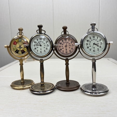 Personalized Brass Desk Clock & Pocket Watch Vintage Table Clock with Stand Engraved Gift for Him/Her Office Decor - 4 Finishes Available