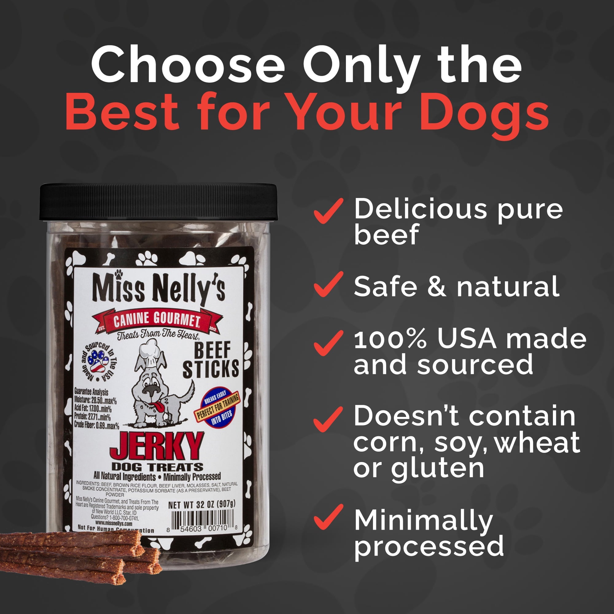 Miss Nelly's Canine Gourmet - Dog Jerky Treats - Beef Sticks - USA Made and Sourced - Original Smoke House Recipe - Small Batch - Clean Natural Ingredients - Minimally Processed - 2lb. Bulk Bag