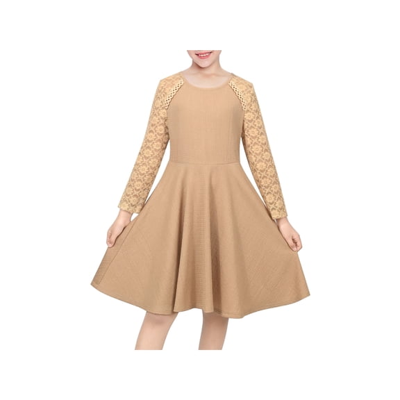 Sunny Fashion Girls Dress Fawn Long Sleeve Lace Trimmed Waffle Knit Flared Pearl Formal Church Wedding Fall 6 Years