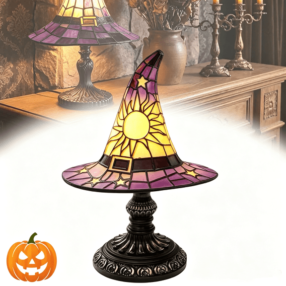 Yuanchao Witch Hat Table Lamp, Stained Look Resin Night Light, Vintage Halloween Gothic Wizard Accent Lamp, Handcrafted Resin Decor Lamp for Bedroom, Bookshelf, Witchy Room Aesthetic, Purple