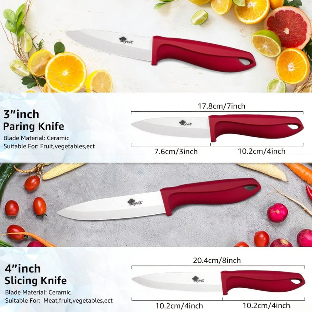 MYVIT Ceramic Knife Set for Kitchen, 11 Piece Fruit Cutting Knife Sharp Paring Knife with Blade Guards and Gift Box,3" 4" 5" Paring,6" Chef & 6" Serrated Bread Knife,Dishwasher Safe,Red