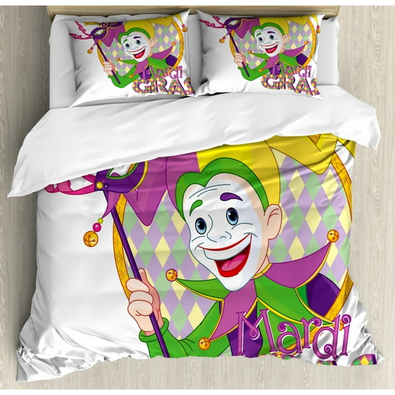 Mardi Gras King Size Duvet Cover Set, Cartoon Design of Mardi Gras Jester Smiling and Holding a Mask Harlequin Figure, Decorative 3 Piece Bedding Set with 2 Pillow Shams, Multicolor, by Ambesonne