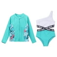 thumbnail image 3 of TiaoBug Kids Girls Print Swimsuit Rash Guard Set Long Sleeve Tops with One Shoulder Bodysuit Swimwear Surfing Bathing Suit Beachwear Zipper Lake Green 14, 3 of 7