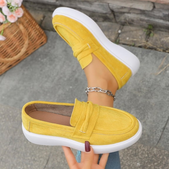 Loafers for Women Novel Trendy Round Toe Slip On Comfortable Casual Versatile Flats Office Work Non-Slip Shoes for Business Travel Yellow 6.5