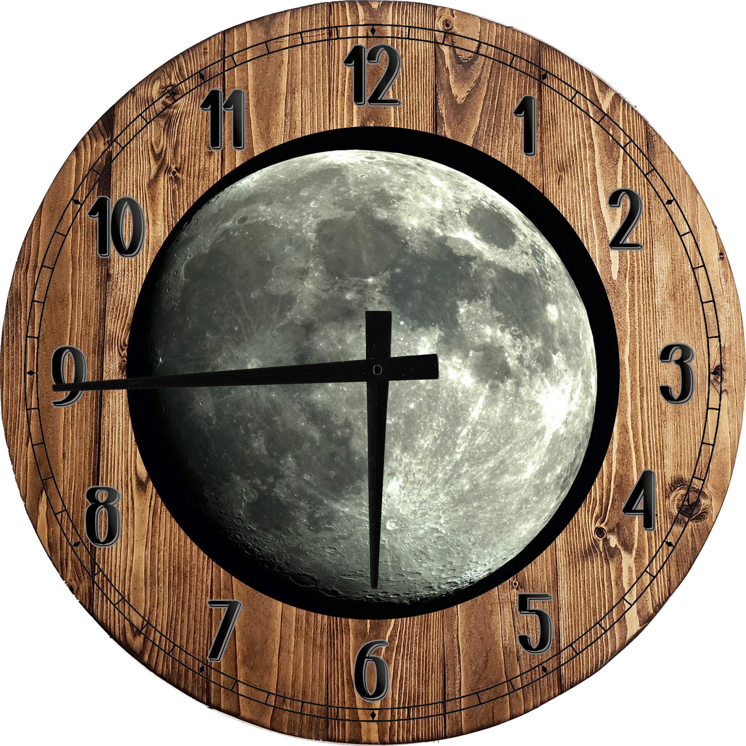 Large Wood Wall Clock 24 Inch Round Full Moon Grey White Wall Art Round