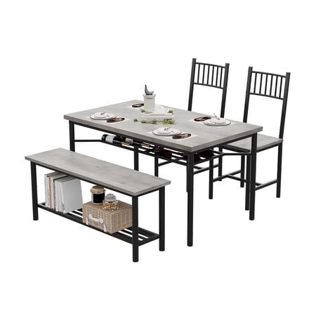 Space-Saving 4-Piece Dining Table Set for 4 with Storage Bench and Wine Rack – Rectangular Kitchen Table & Chairs – Durable Metal Frame – Perfect for Small Spaces Apartments