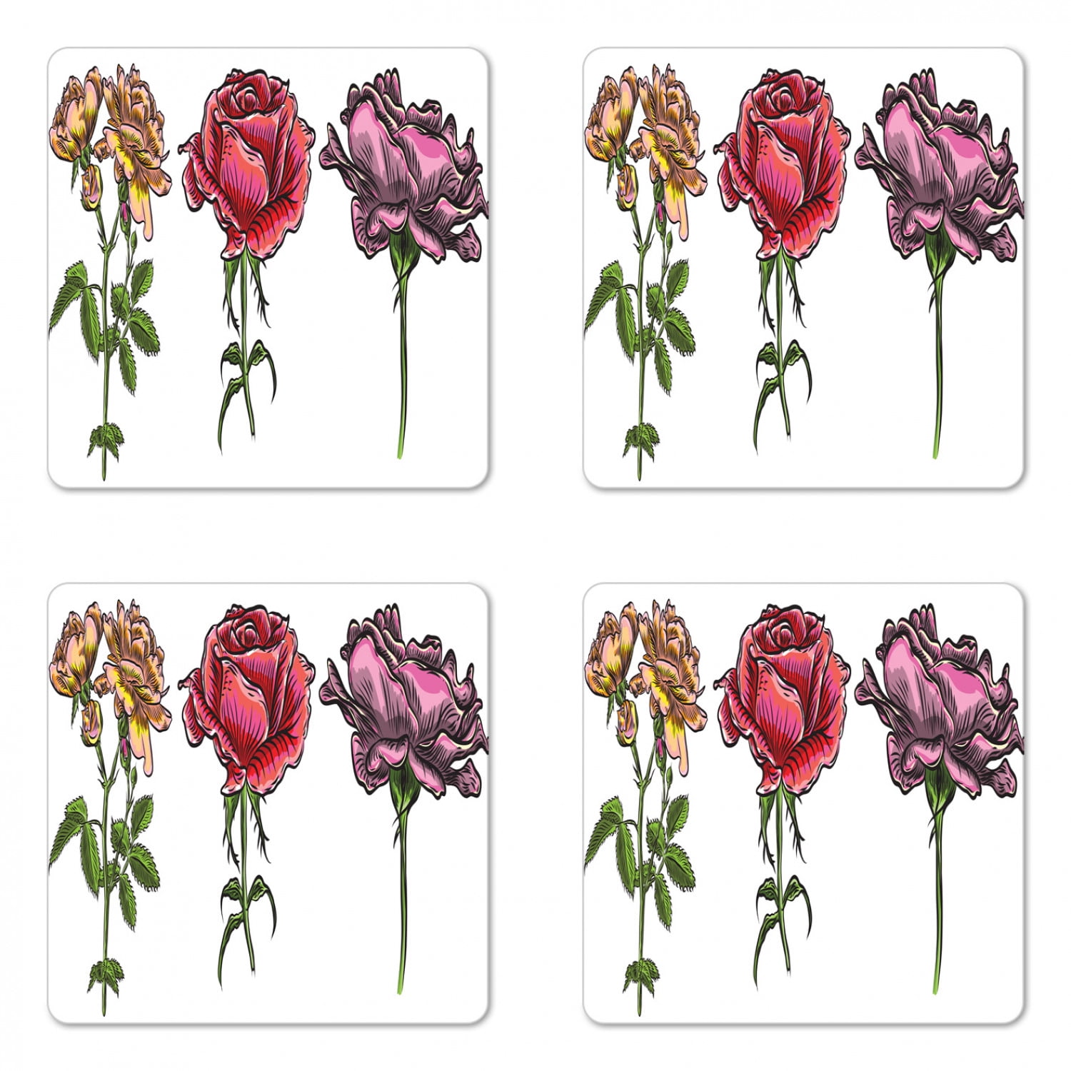 Floral Coaster Set Of 4 Various Rose Flowers Types Illustration Plain Background Square Hardboard Gloss Coasters Standard Size Pink Lime Green By Ambesonne Walmart Com Walmart Com