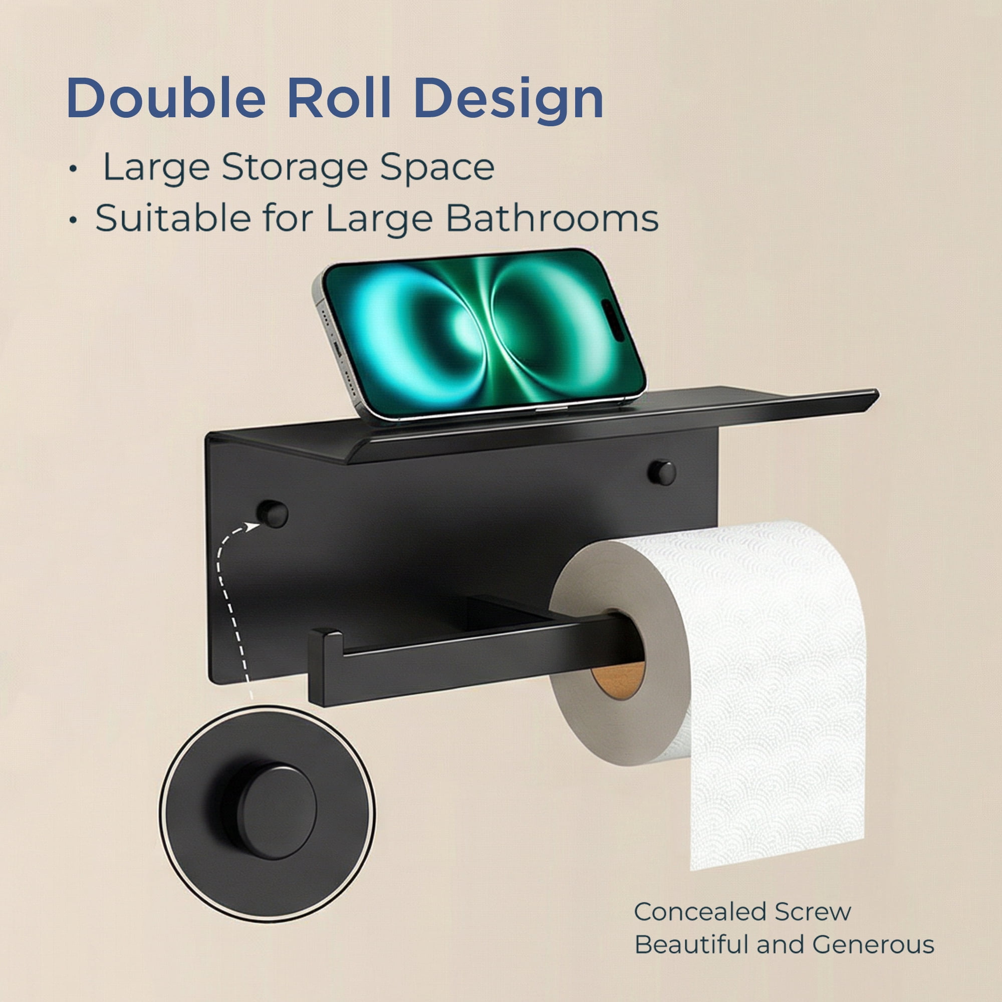 TVOFEK Wall Mounted Toilet Paper Holder with Shelf, Matte Black Stainless Steel Double Tissue Roll Holder Fits Mega Rolls for Bathroom Kitchen RV