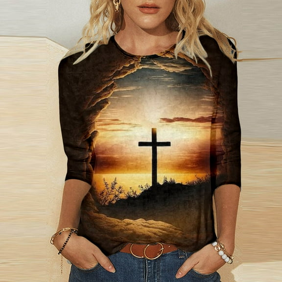 Kayannuo Easter Print Long Sleeve Shirts for Women Women's Printed Round Neck Easter Printed 3/4 Sleeve T-shirt Round Neck Pullover Top Womens Fashion