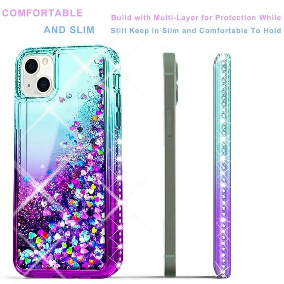 iPhone 13 Mini Case,  Liquid Floating Glitter Quicksand Bling with Spot Diamond Cover - Teal/Purple