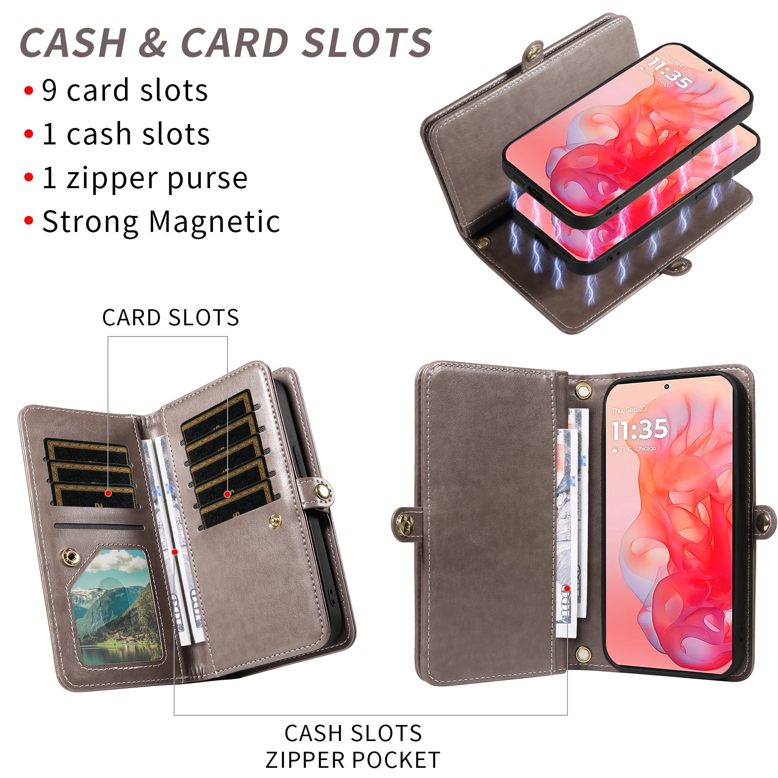 Asuwish Detachable Magnetic Zipper Wallet Phone Case with Flower Pattern and Screen Protector for Motorola Moto G Stylus 5G 2024, Gray