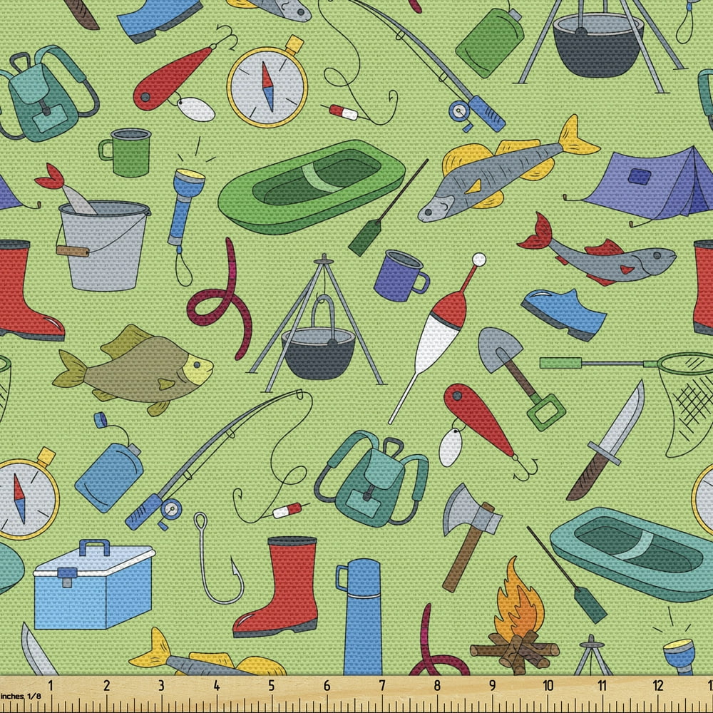 Fishing Theme Sofa Upholstery Fabric by the Yard Angling and Camping
