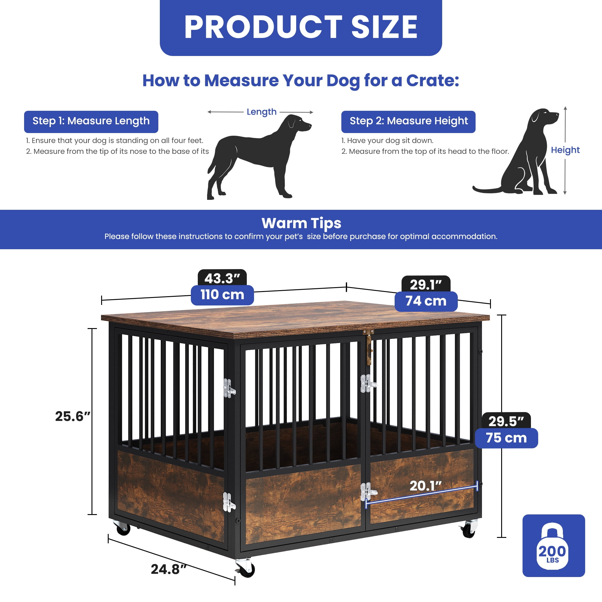 ModFusion 43" Metal Dog Crate Furniture Double Door Wheels Indoor Outdoor Kennel