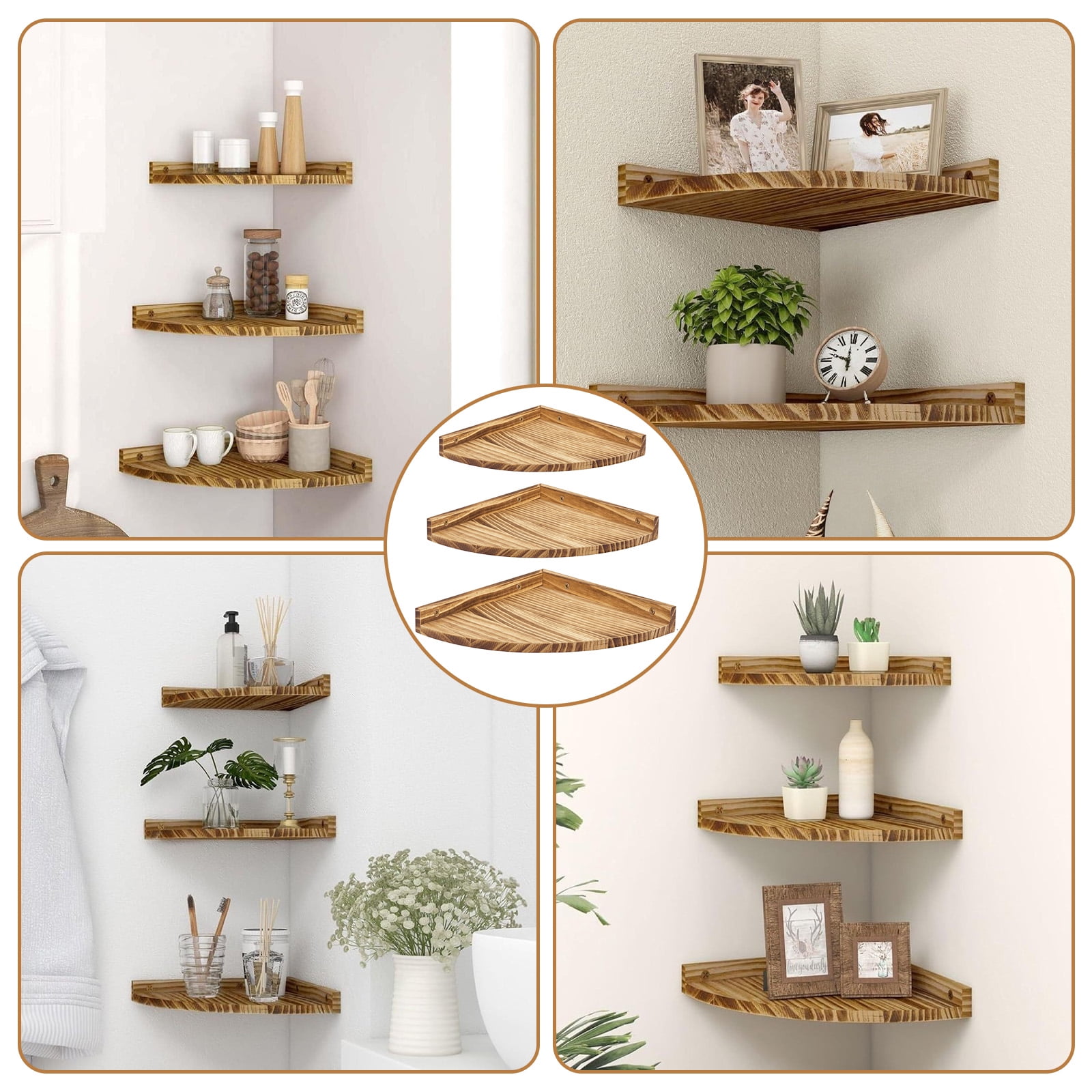VEGCOO Rustic 3-Piece Solid Wood Wall Shelves Set - Triangular Corner Floating Shelves, Pine Wood Wall Fan Shaped Mounted Display Shelves, Easy Install for Bathroom, Kitchen, Living Room Decor