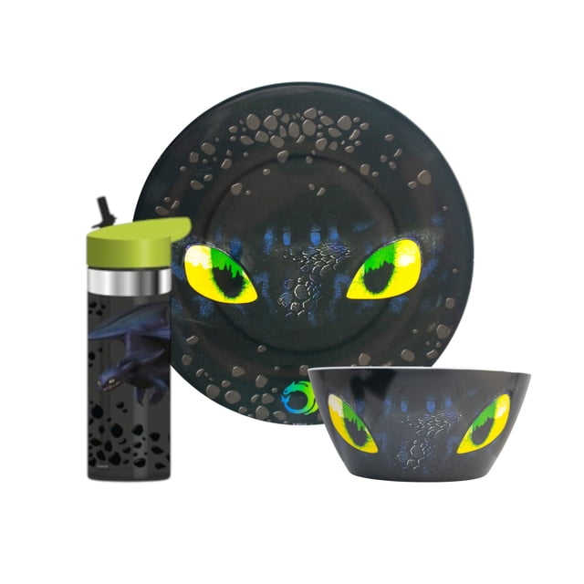 Vajilla Individual Melamina, Diseño Chimuelo Como Entrenar A Tu Dragón, 3 Piezas, Color Negro