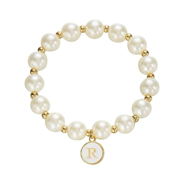 Imitación de perlas 26 alfabeto etiqueta pulsera de moda y versátil pulsera de cuentas de cordón elástico para las mujeres pulsera de cuentas para los seres queridos y (M S)