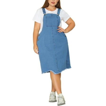 MODA NOVA Juniors' Plus Frayed Adjustable Strap Irregular Hem Denim Overall Dress 3X Light Blue