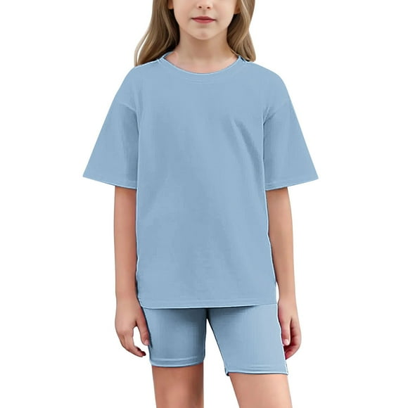 Girl 2 Piece Outfits Toddler Girl Clothes Oversized Short Sleeve T Shirt Active Running Bike Short Sets 5-15y