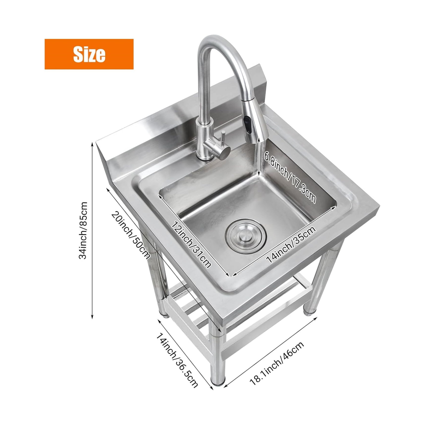 Stainless Steel Commercial Utility Sink,Free Standing Single Bowl Pull-Down Faucet Heavy Duty Sink for Restaurant Bar Laundry - Hot & Cold Water Indoor & Outdoor