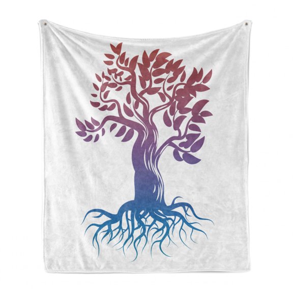 Abstract Soft Flannel Fleece Throw Blanket, Ombre Tree Silhouette Roots Illustration Plain Background, Cozy Plush for Indoor and Outdoor Use, 50" x 70", Pale Ruby Dark Ceil Blue, by Ambesonne