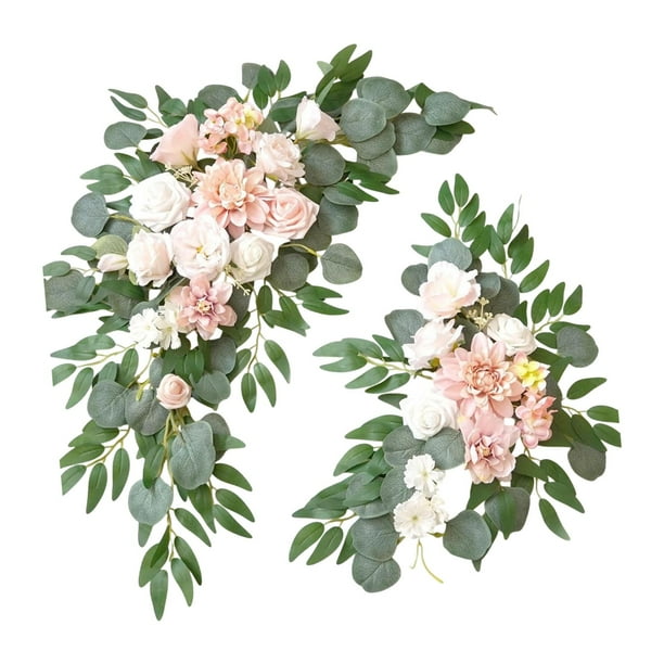 2 piezas de arco de boda con flores y dintel de puerta con hojas verdes para decoración floral artificial rosa