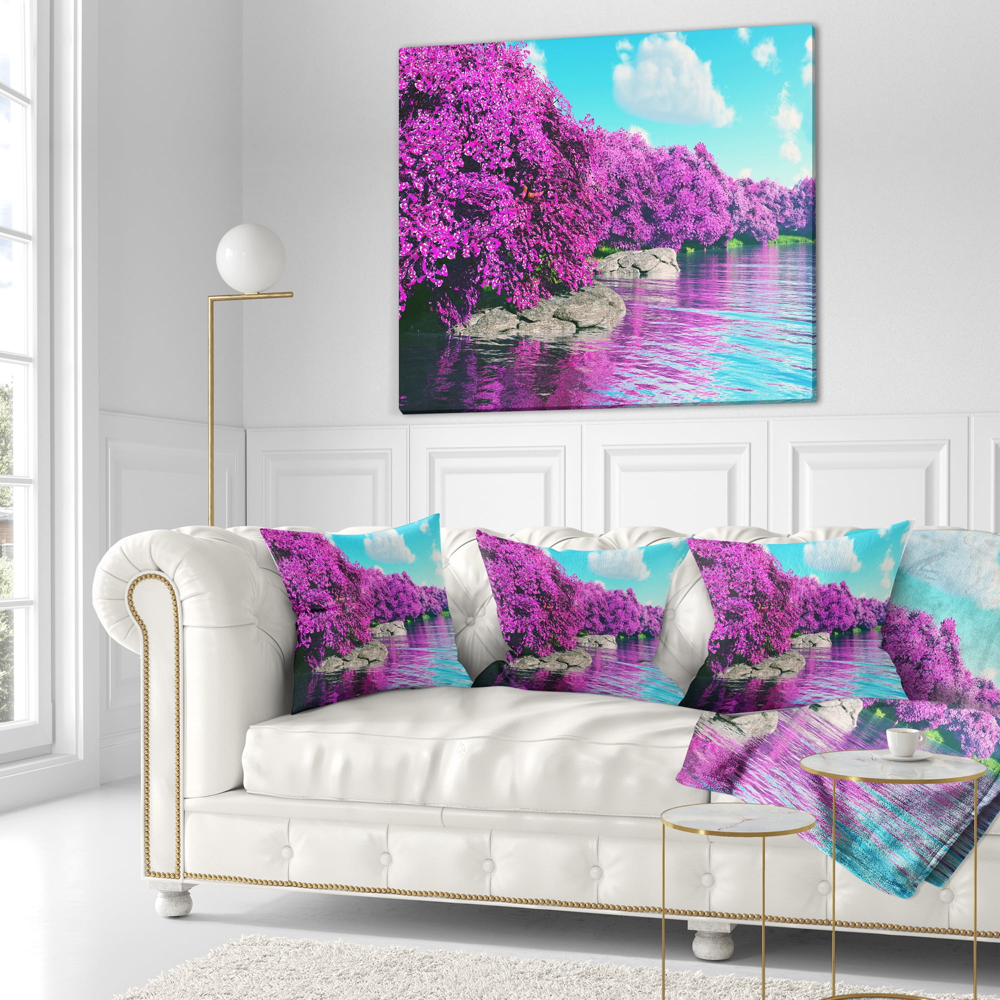 Designart Beautiful Row of Cherry Blossoms - Landscape Printed Throw Pillow - 18x18