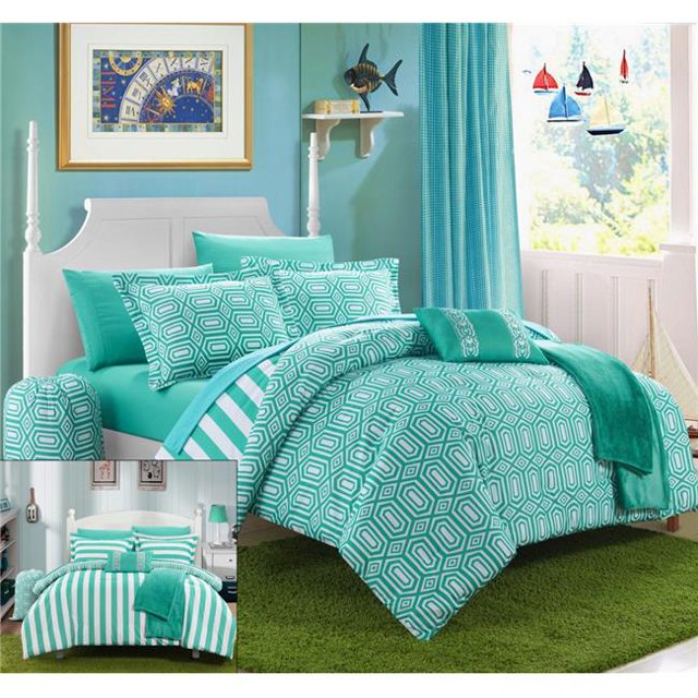 Chic Home CS4003-US Fontaine Réversible Géométrique & Rayé X-Long Ensemble de Couette avec des Feuilles - Aqua - Simple - 8 Pièces