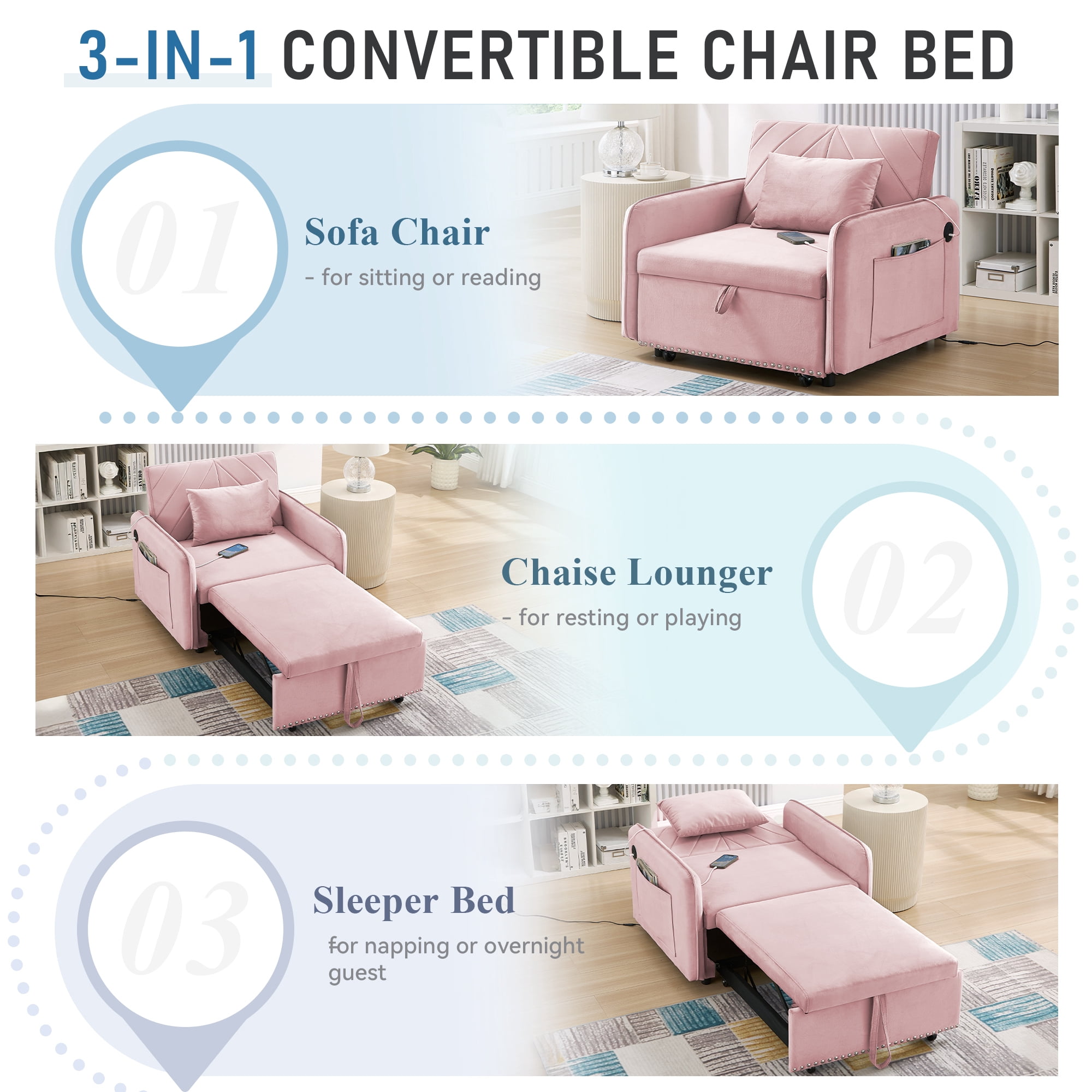 Lunale 3-in-1 Convertible Sleeper Chair Bed, Indoor Lounge Chair with USB/Type-C, Pink Velvet