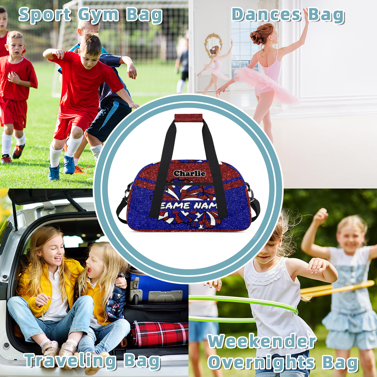 Personalized Cheerleader Bag Dance Bag for Girls, Custom Team Bag Gym Bag Sport Duffel Bag, Weekender Bags Travel Bag for Cheer Team Glitter Red Blue