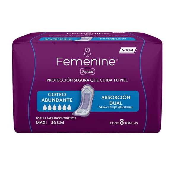 Toalla para Incontinencia Maxi 36cm Depend Femenine Absorción Dual 8 piezas
