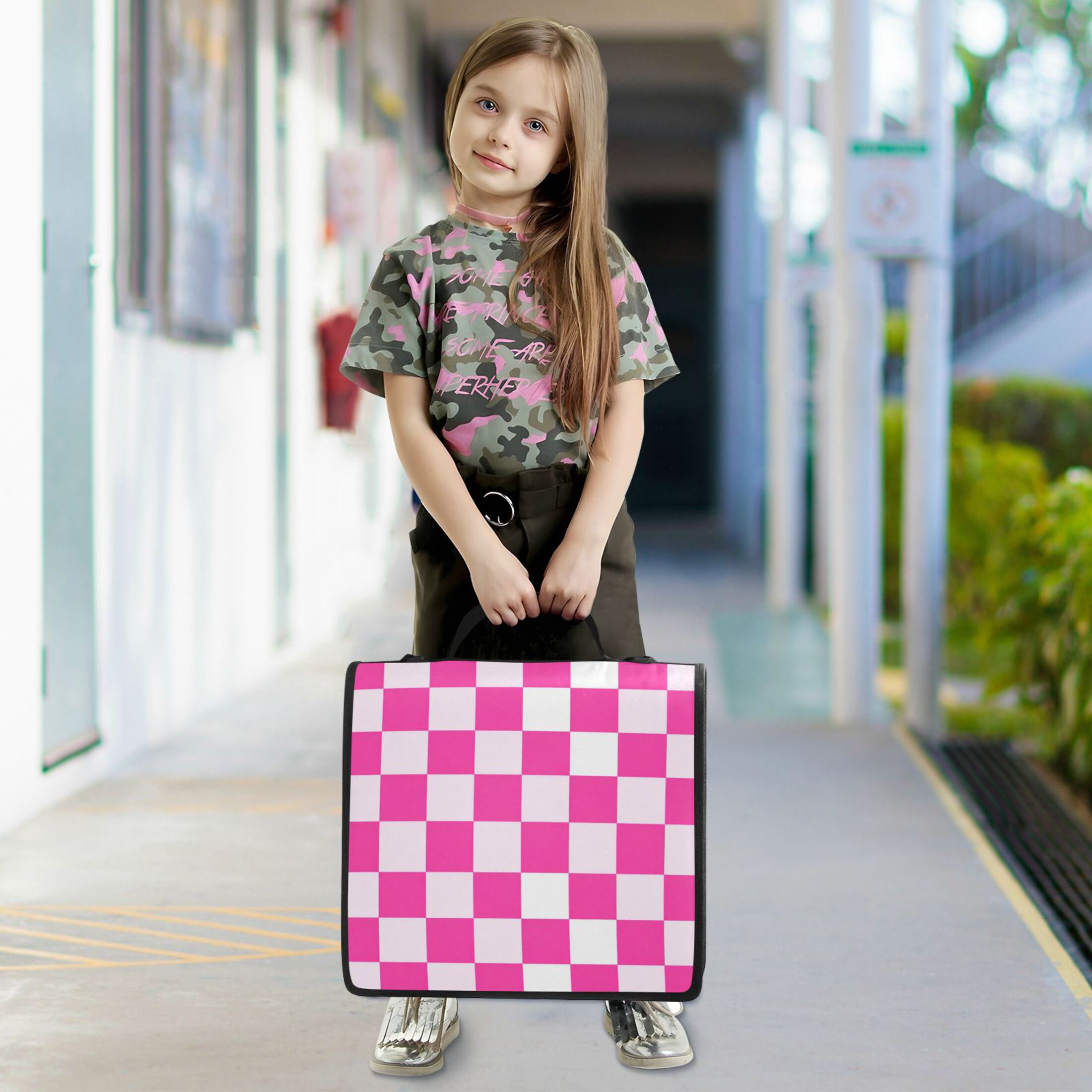 Zipper Binder 3 Rings Stationery Office Files Daily Organizer File Folder Storage Bag Hot Pink Checkered Pattern