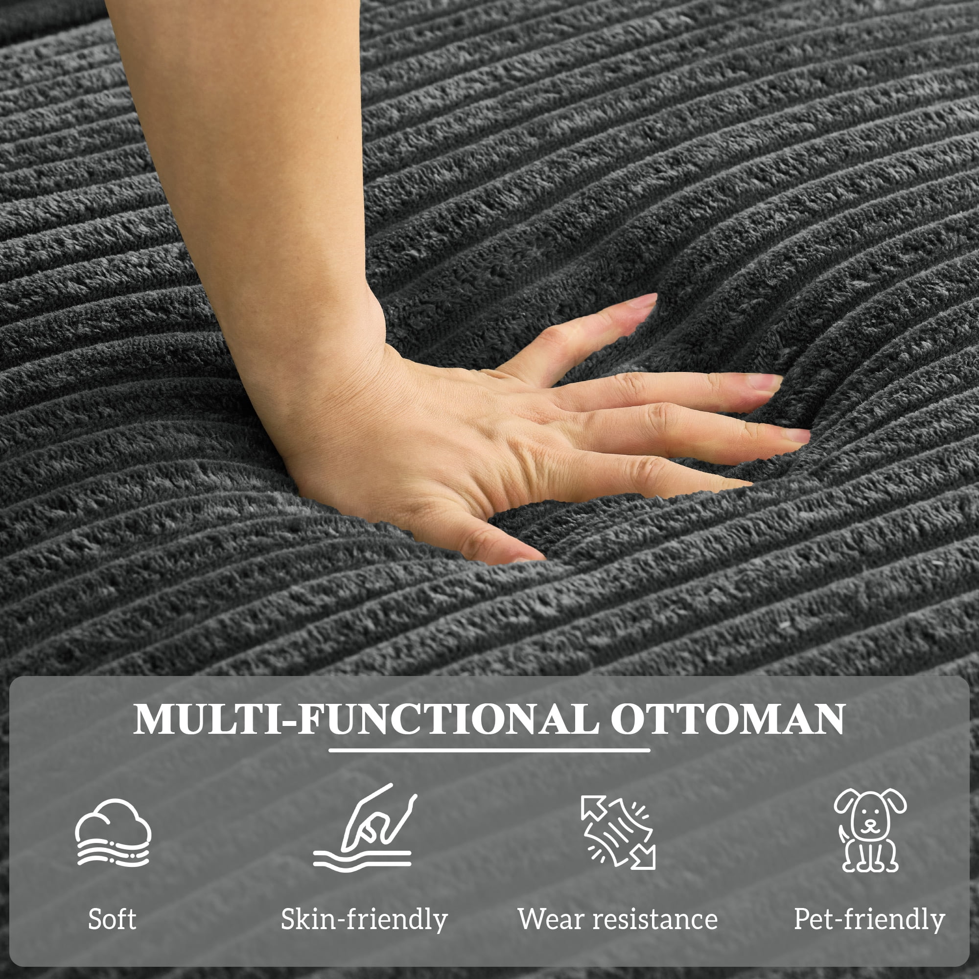 Aukfa 63.5" Oversized Chaise Lounge Sofa with Movable 2-Layer Ottoman, Deep Seat Boneless Couch, Corduroy Lounge Chair, Dark Gray